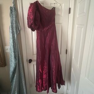 Wine red prom dress, one sleeve.